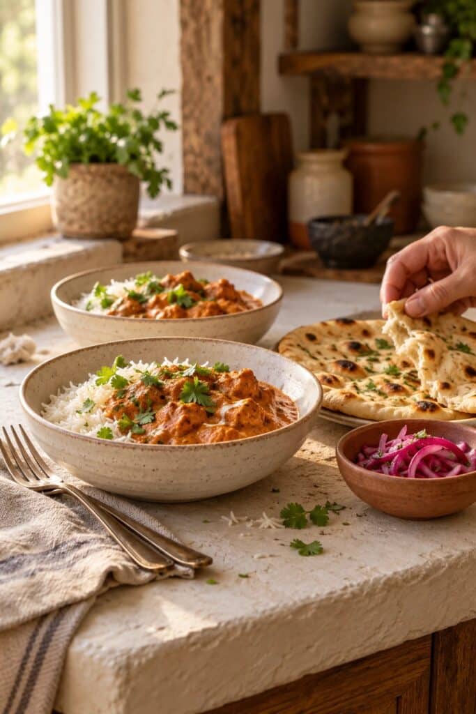 Bowls of slow cooker butter chicken with rice and naan on a kitchen countertop