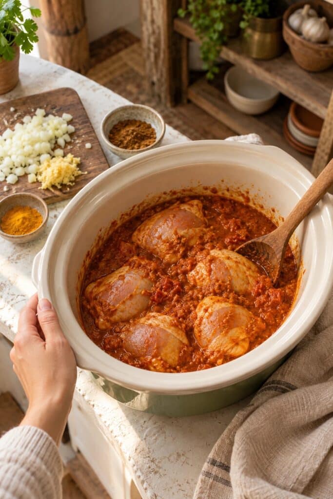 Chicken thighs coated in tomato and spice sauce in a slow cooker before cooking
