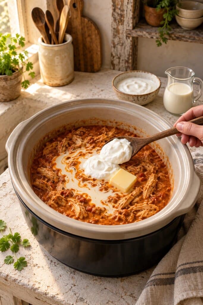 Cream and butter melting into butter chicken sauce in a slow cooker