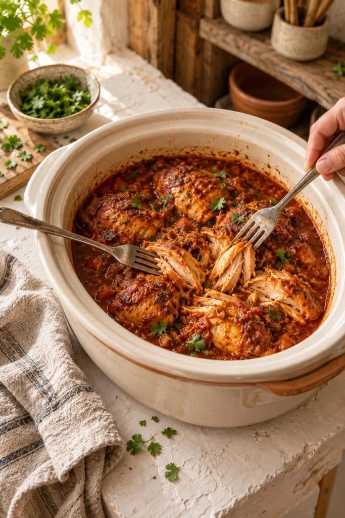 Shredding cooked chicken thighs with two forks in a slow cooker of butter chicken sauce