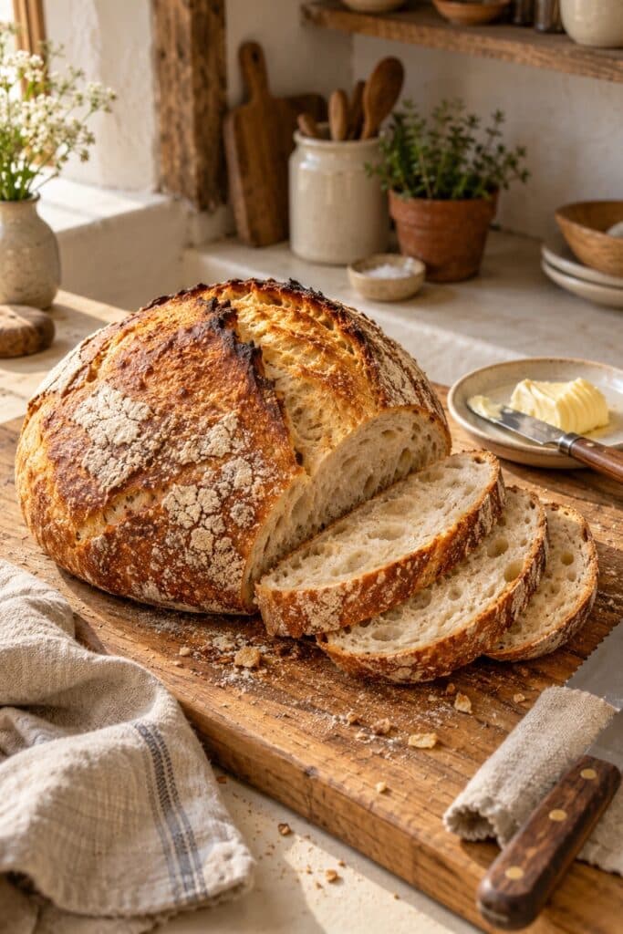 Sourdough bread recipe loaf with a golden crackly crust on a wooden board