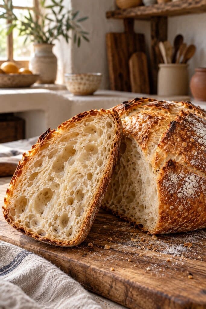 Close-up of sliced sourdough bread showing the open, airy crumb and crisp crust