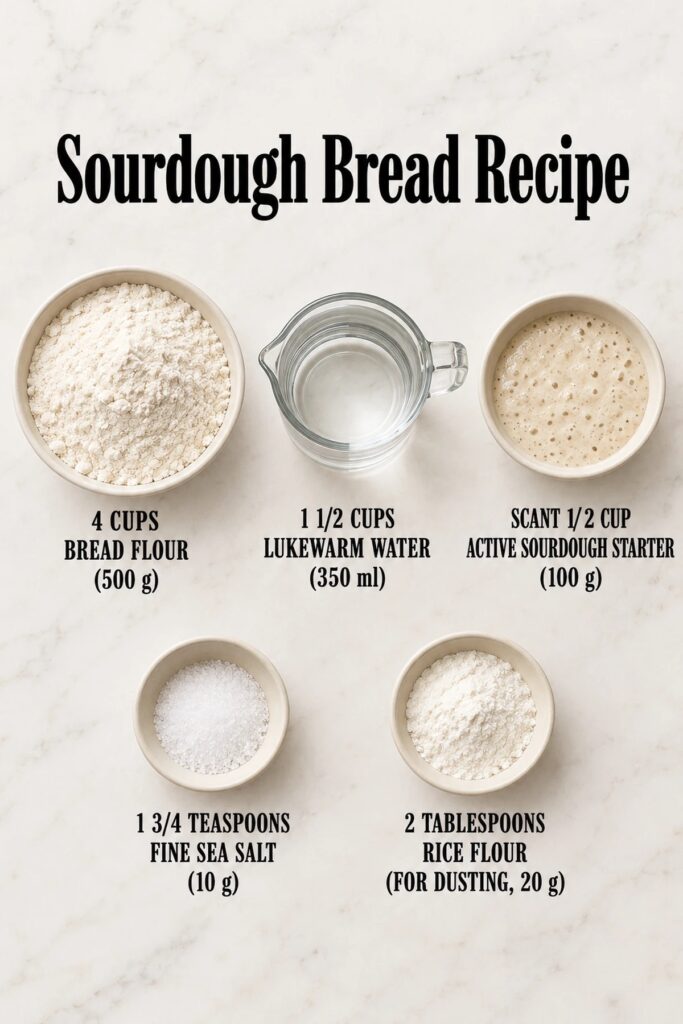 Sourdough bread ingredients with quantities: bread flour, water, sourdough starter, salt and rice flour