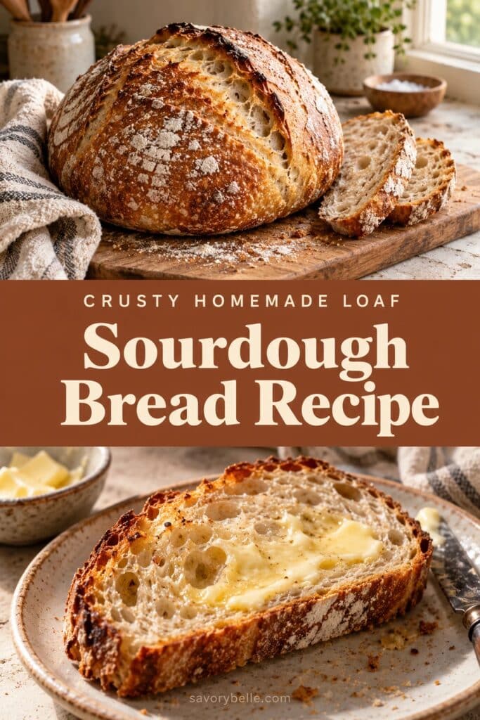 Homemade sourdough bread loaf with a crusty golden top and sliced crumb