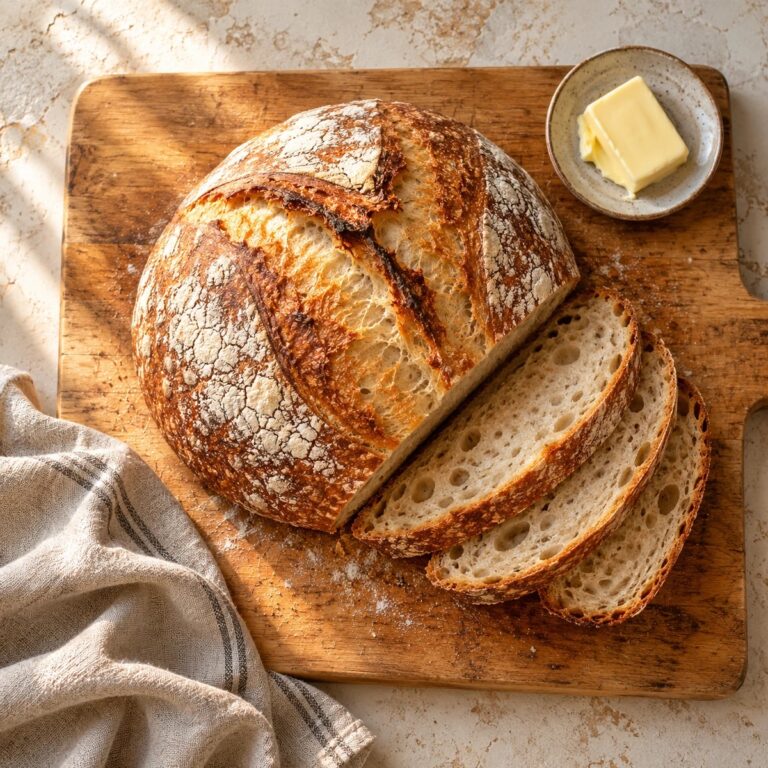 A round sourdough loaf with a golden crackly crust and sliced bread beside it