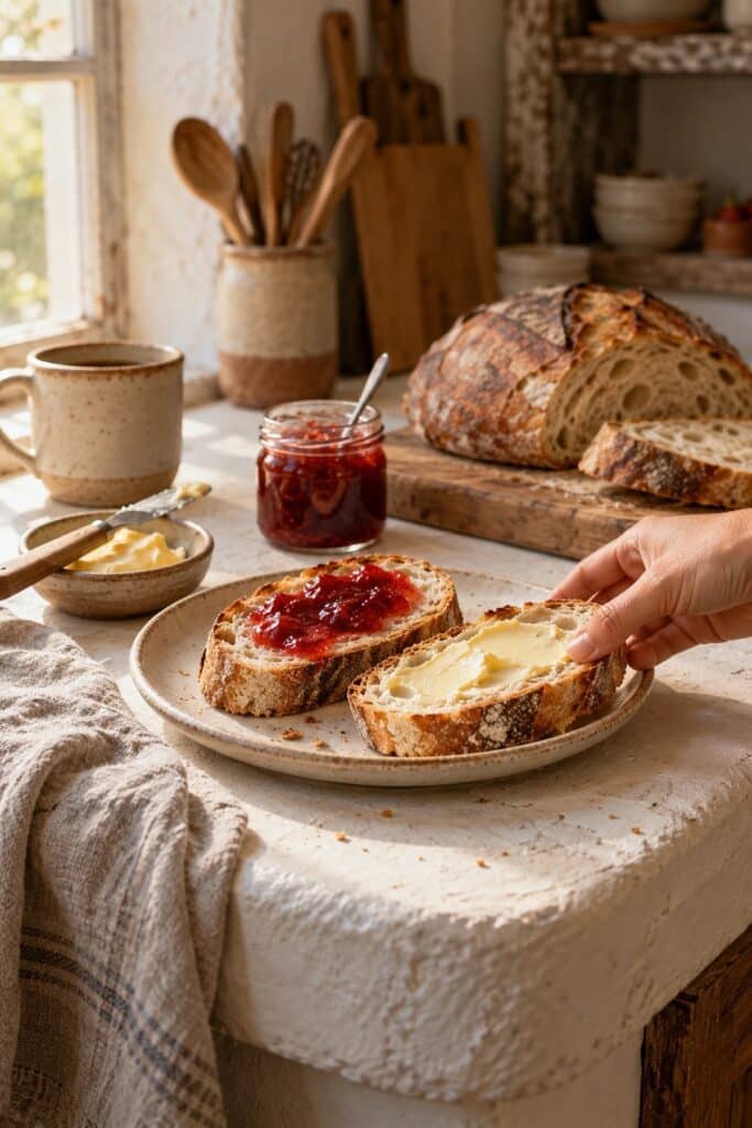 Thick slices of sourdough bread with butter and jam on a kitchen countertop