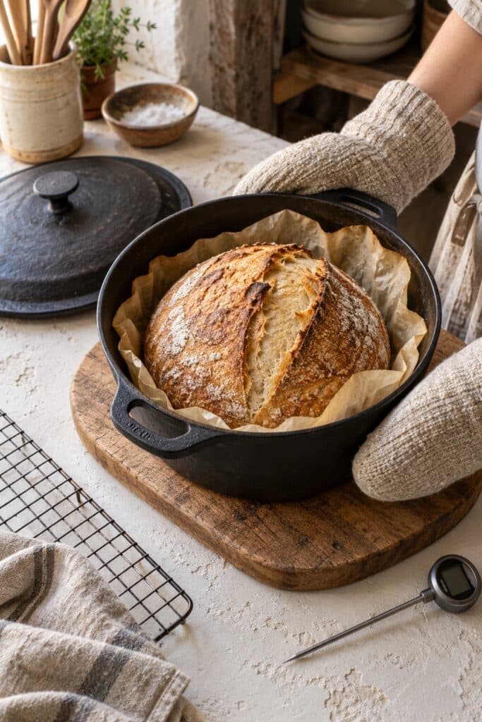 A baked sourdough loaf with a golden crust inside a Dutch oven