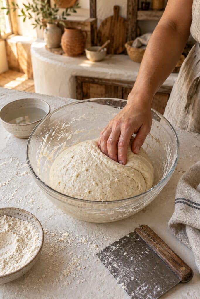 Stretching and folding sourdough dough in a large glass bowl