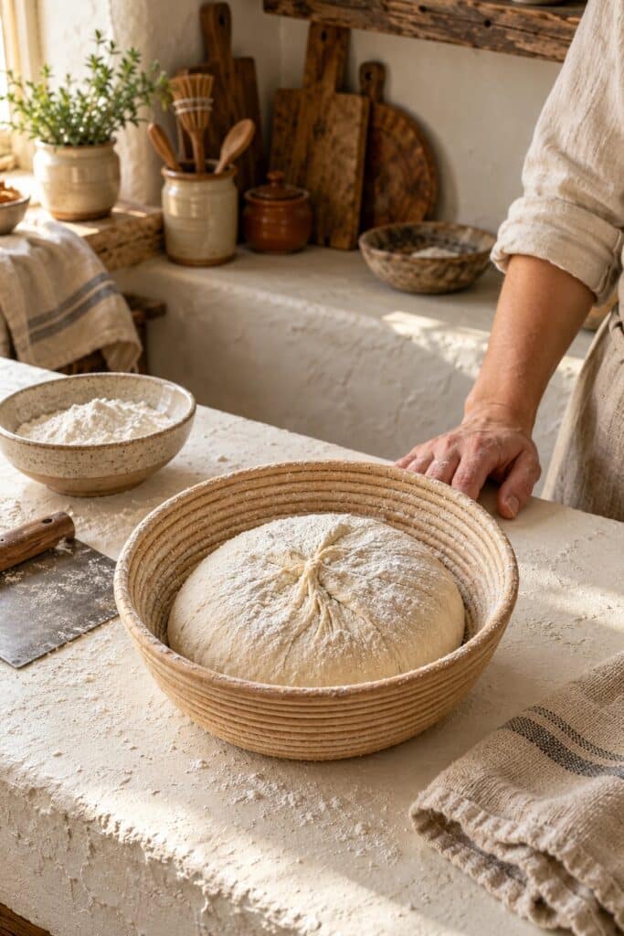 Shaped sourdough dough resting seam side up in a floured banneton basket