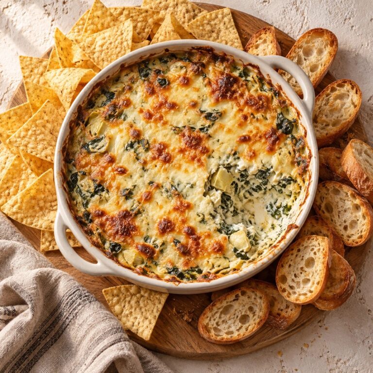 Spinach artichoke dip with a golden cheese top surrounded by tortilla chips