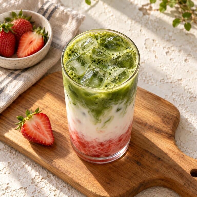 Strawberry matcha latte in a tall glass with strawberry, milk and matcha layers
