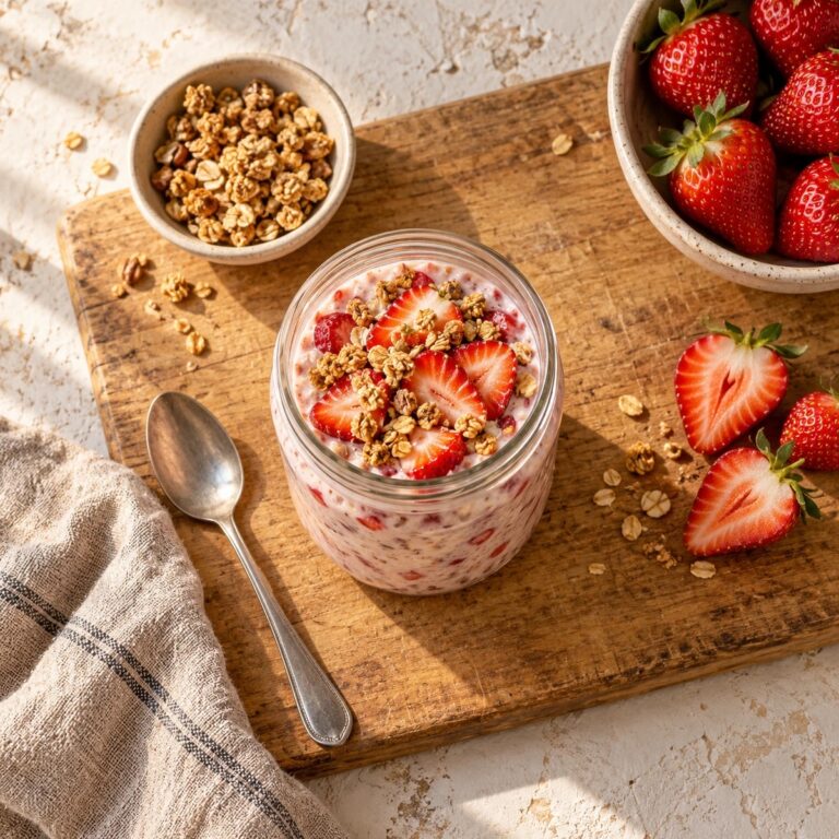 A jar of strawberry overnight oats topped with fresh sliced strawberries and granola