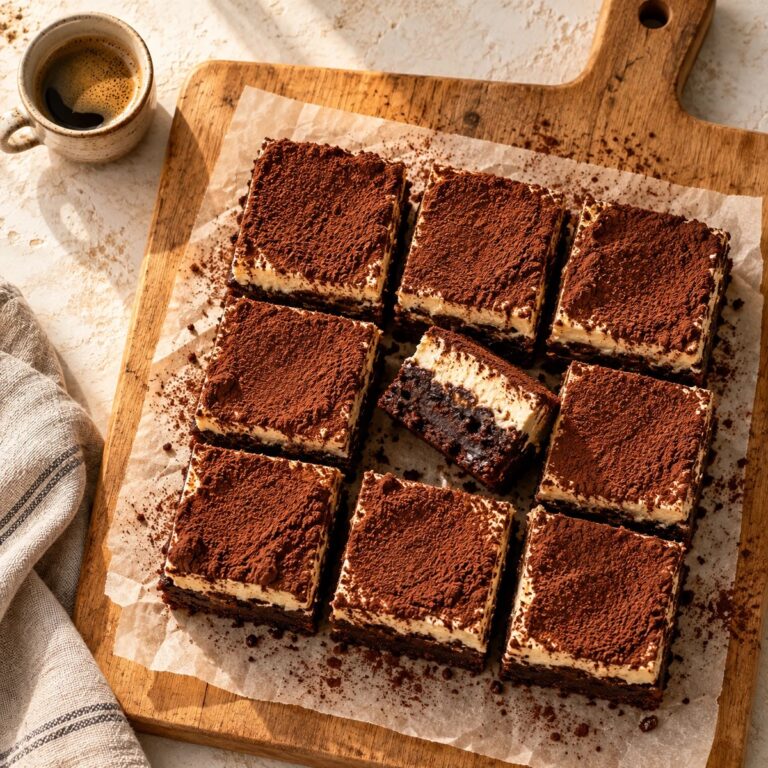 Tiramisu brownies cut into squares on a wooden board with cocoa dusting